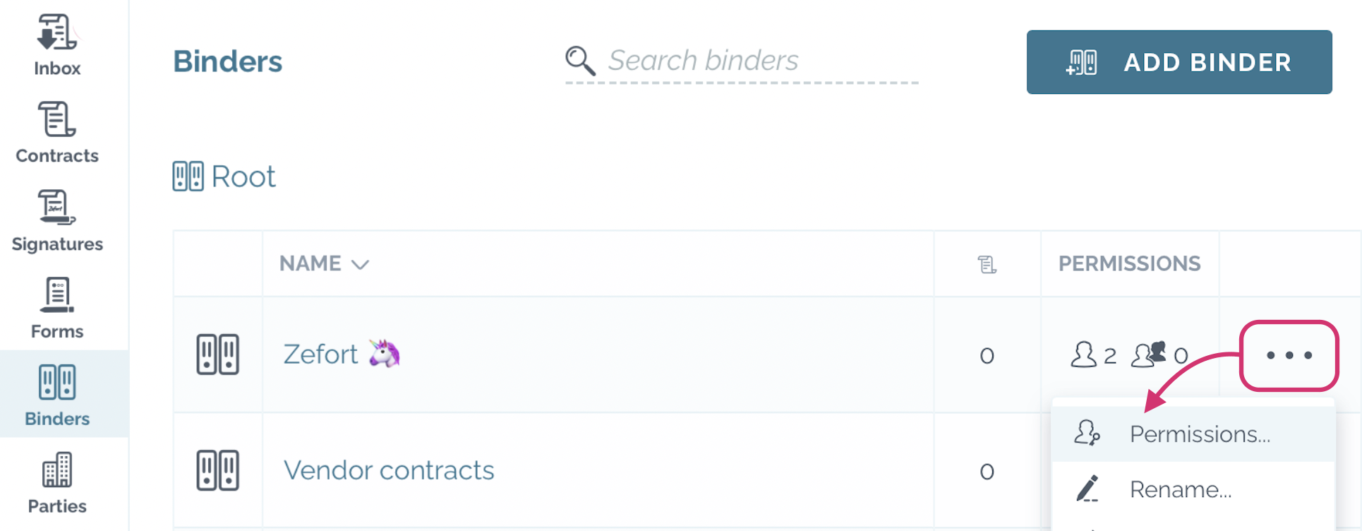 zefort binder permission menu