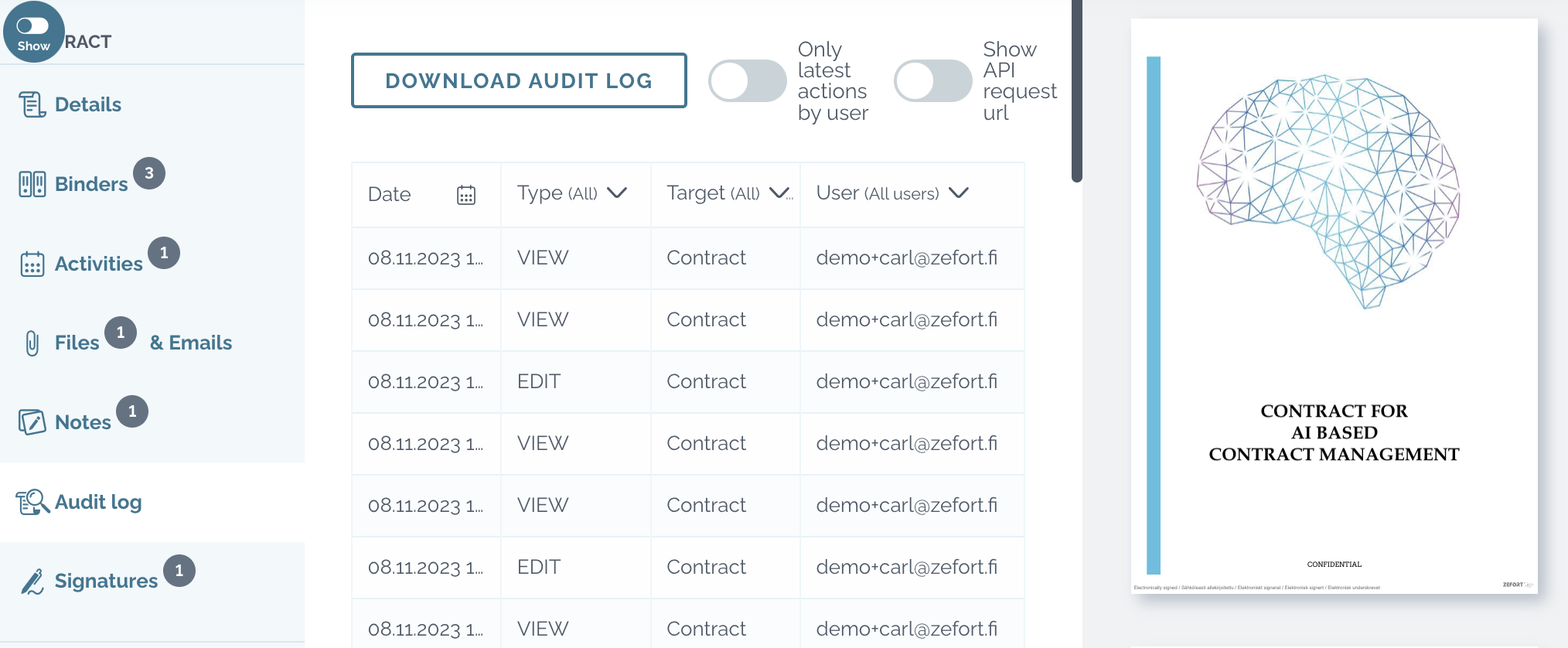 zefort contract preview - audit log