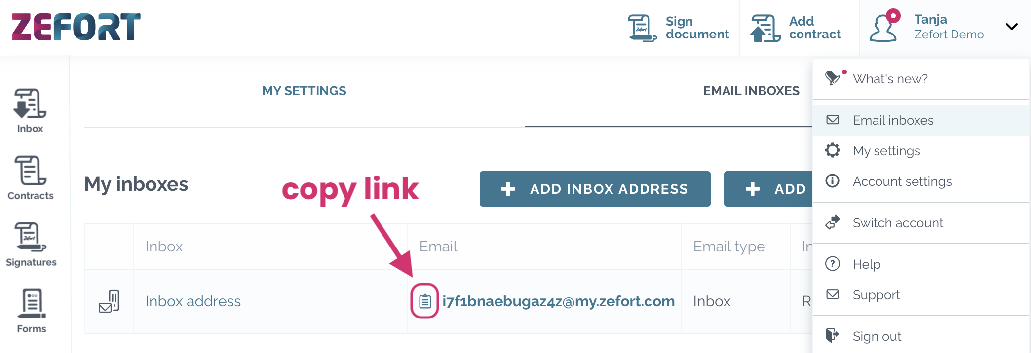 zefort copy inbox address