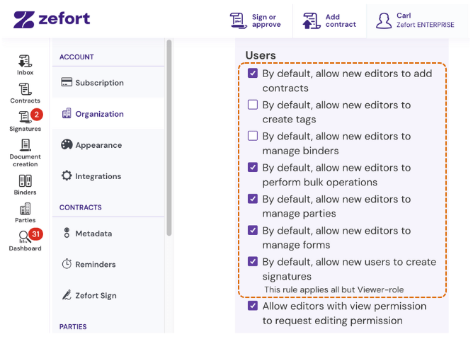 zefort - default user permissions