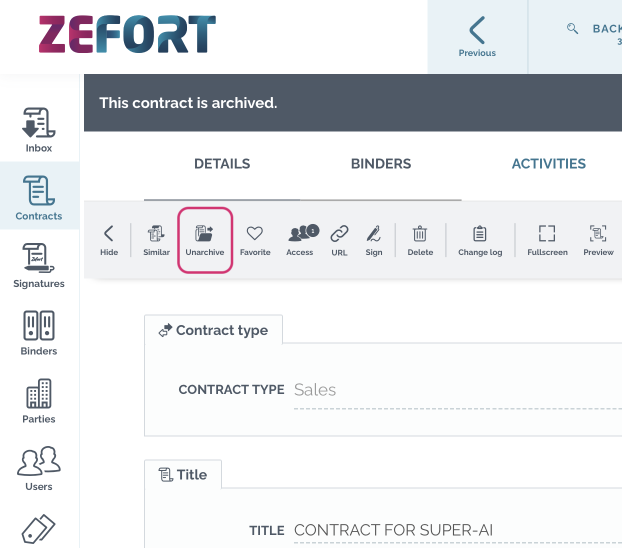 zefort unarchive contract preview