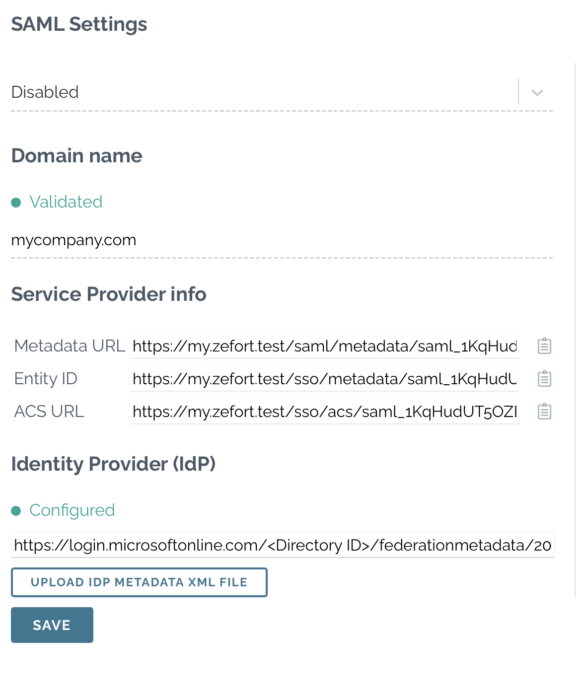 SAML IdP metadata from Azure AD added in Zefort