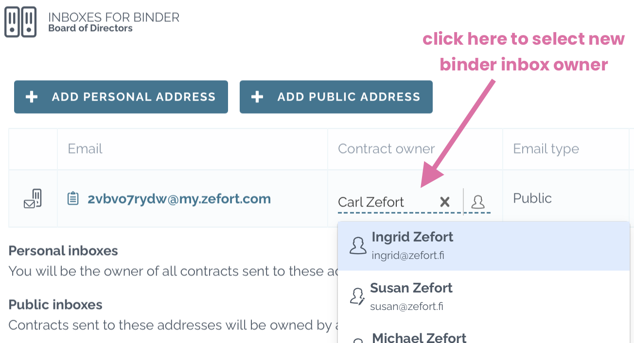 zefort change binder inbox owner