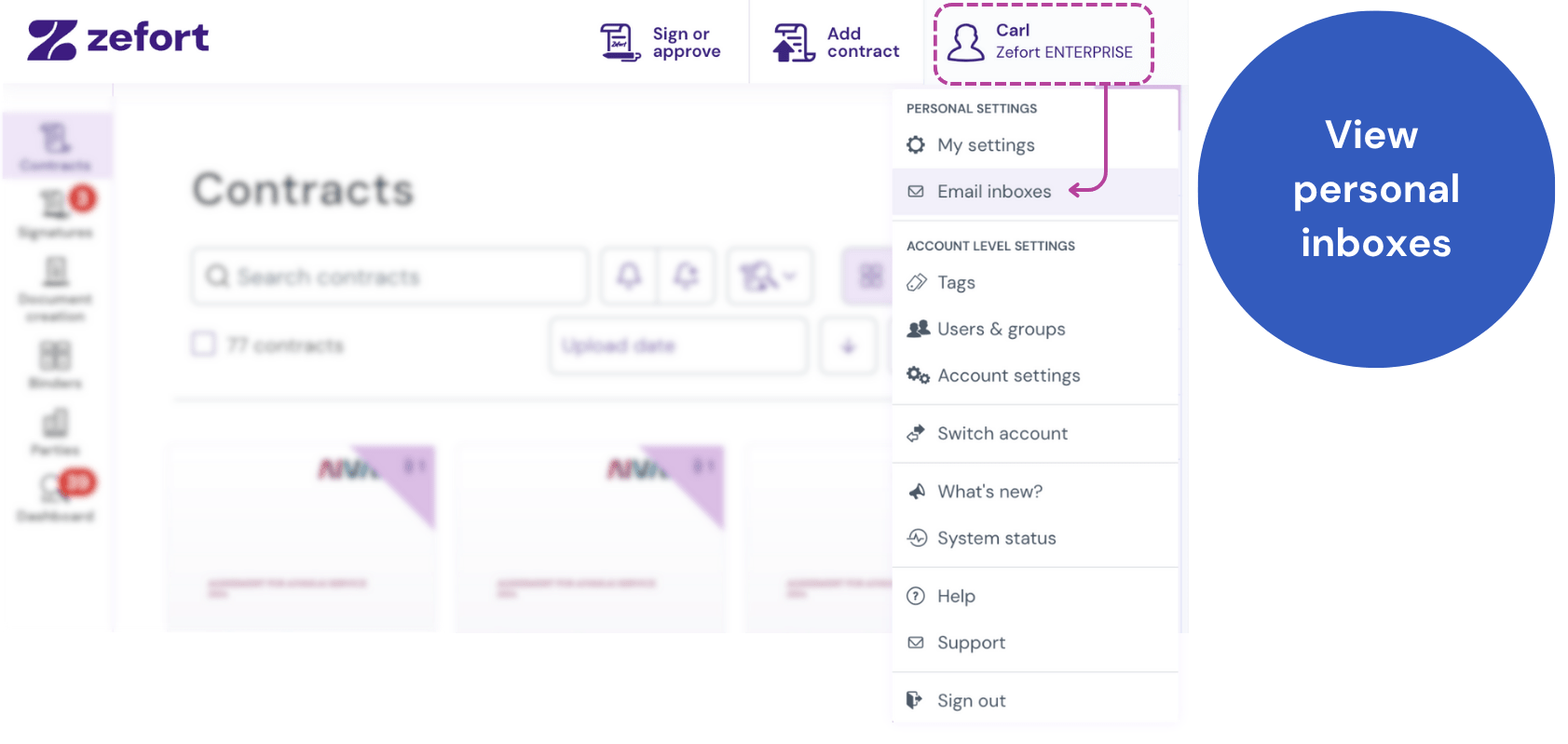 Zefort user settings menu with the Email inboxes option highlighted.