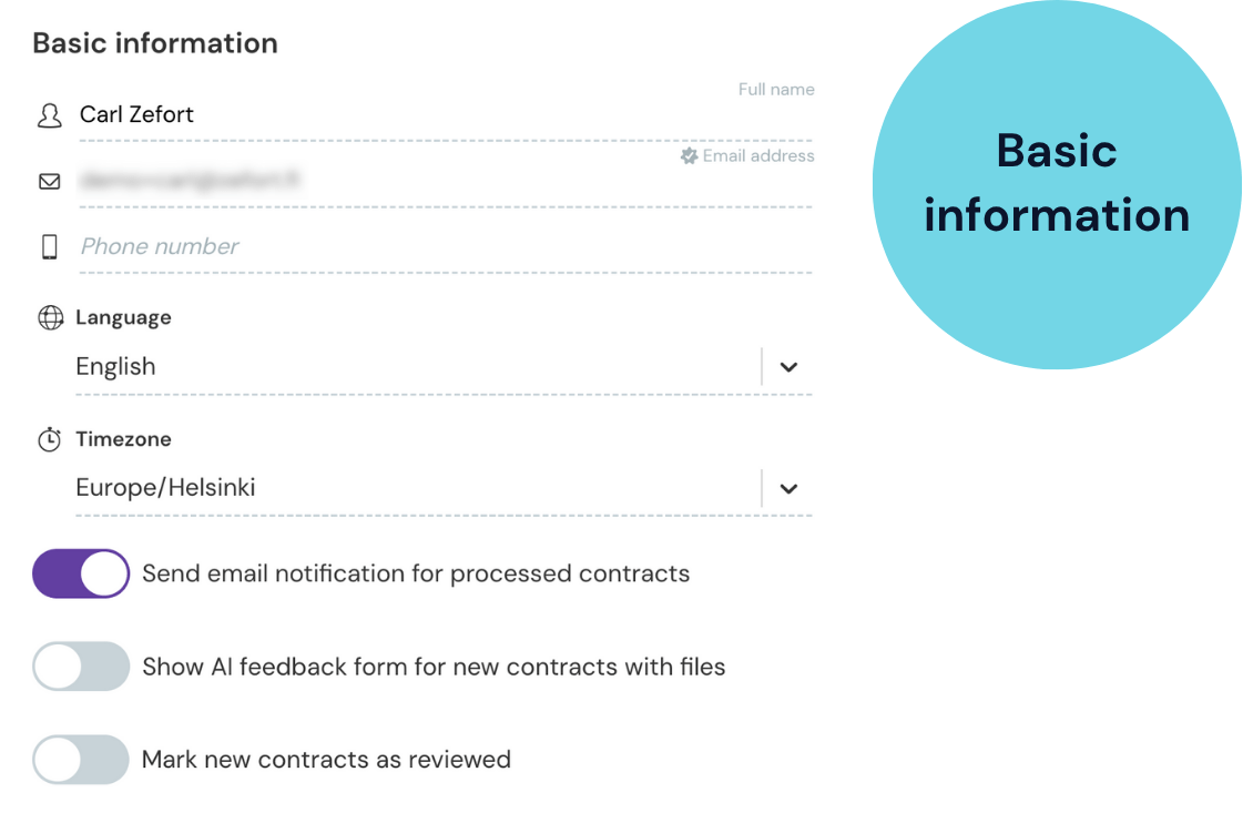 Screenshot of the "Basic information" settings, showing personal details and user preferences.