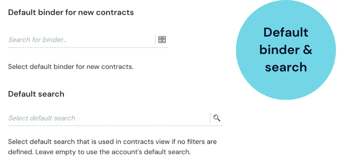 Screenshot of the settings for selecting a default binder and a default search.