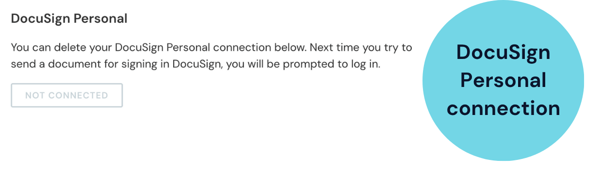 Screenshot of the DocuSign Personal settings, showing the connection status button.