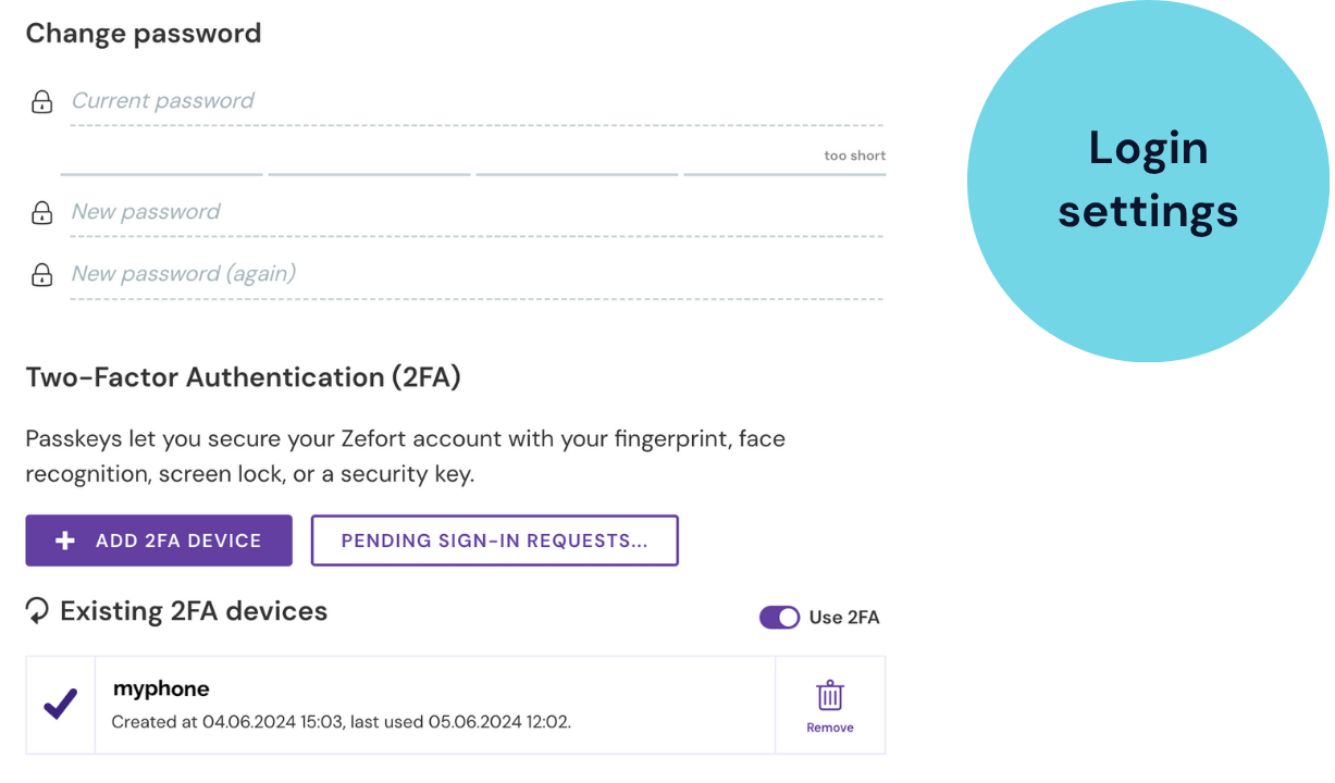 Screenshot of the password change form and the Two-Factor Authentication (2FA) settings.
