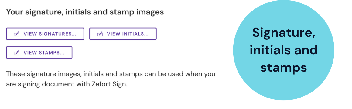 Screenshot of the settings for managing signature, initials, and stamp images.