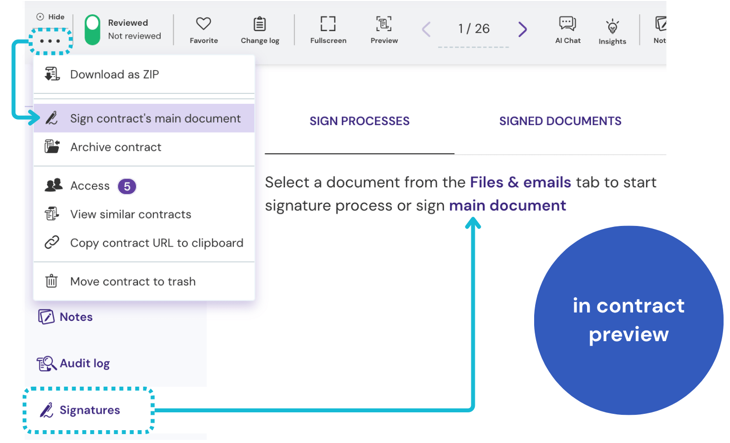 zefort sign - start signature process in contract preview