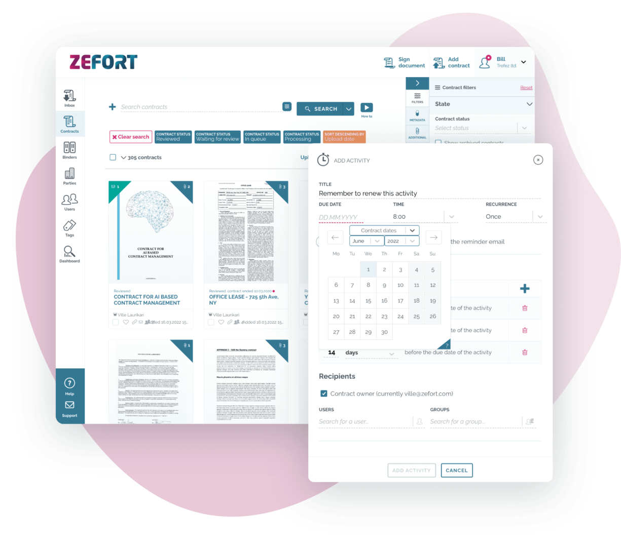 Zefort contract view with activity view in focus