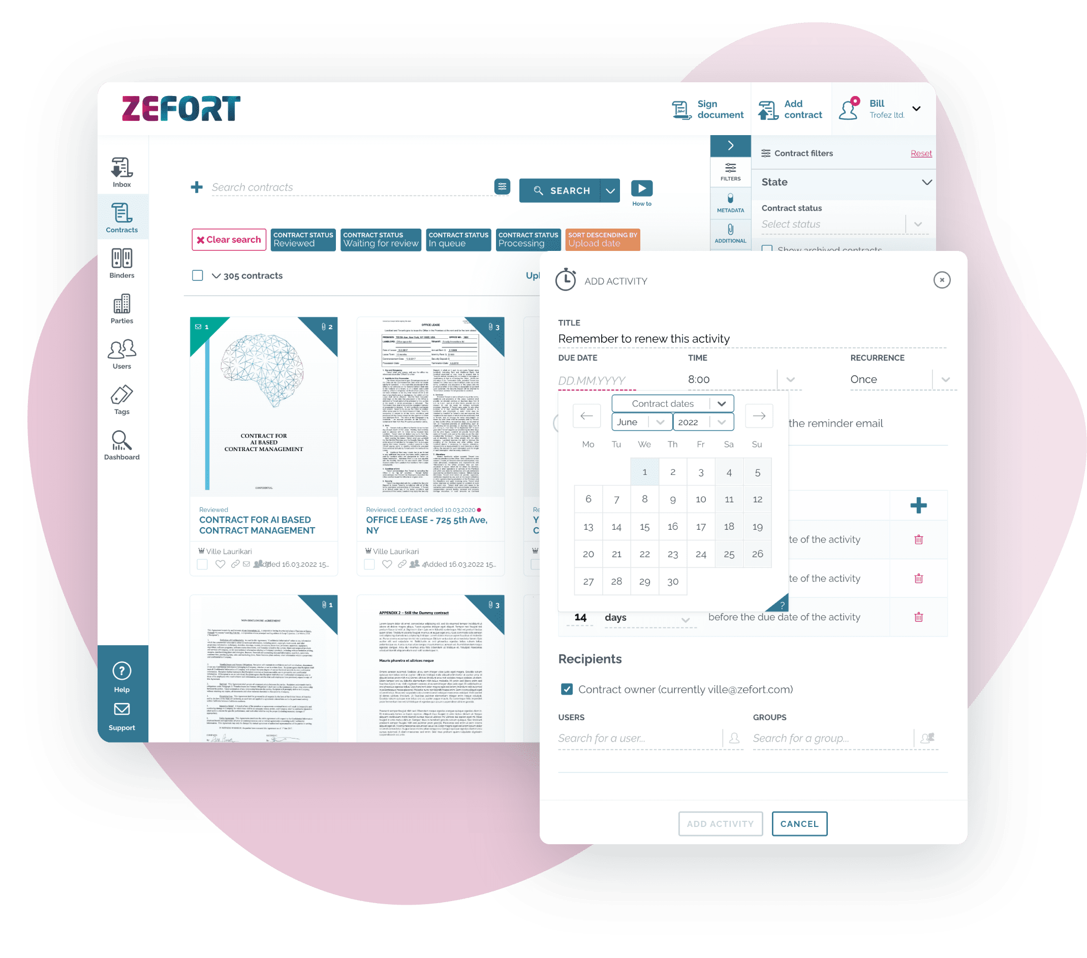 Zefort contract view with activity view in focus