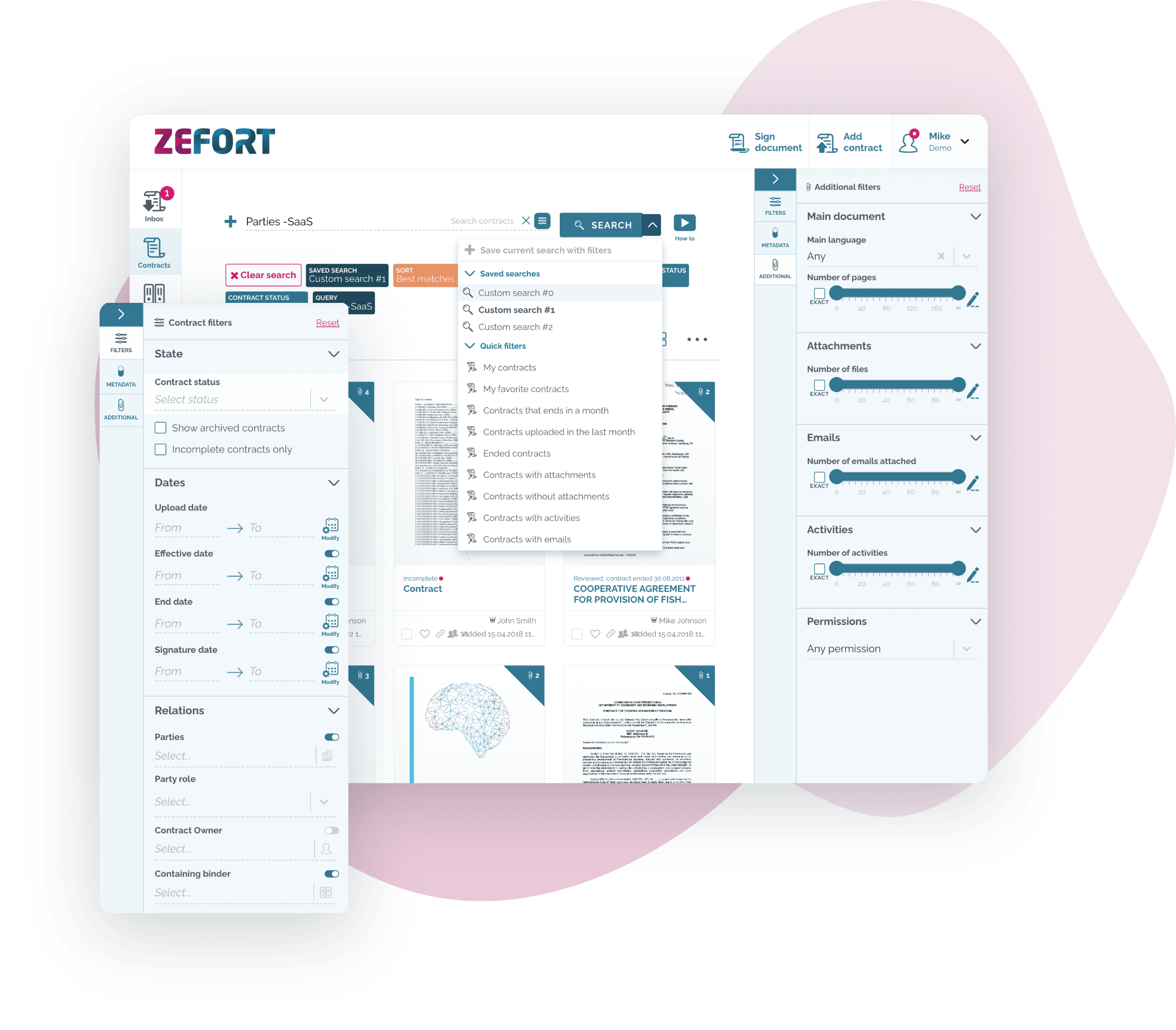 Use powerful filters to narrow down search results and browse direct text matches within contracts.