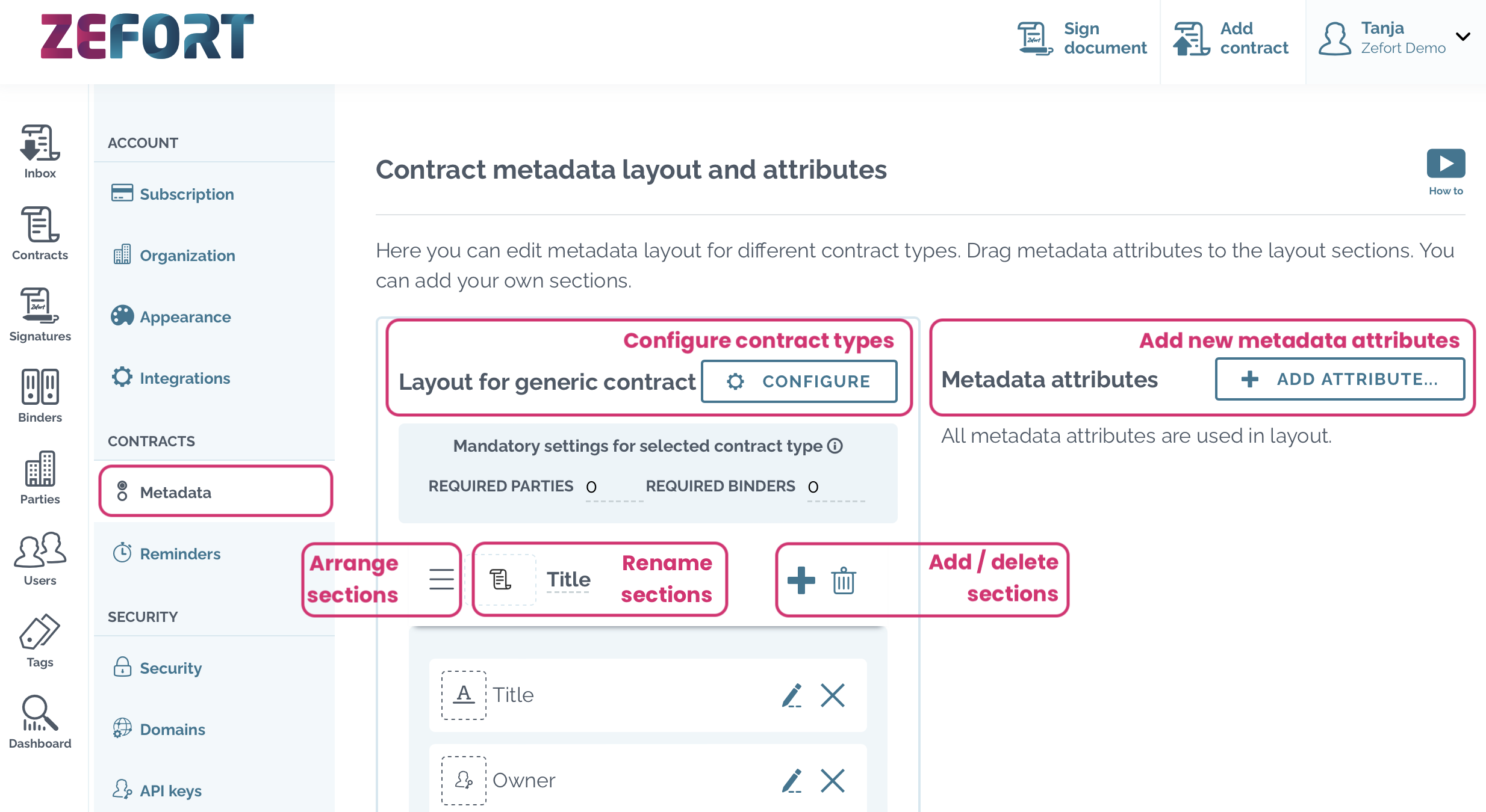 zefort account settings metadata