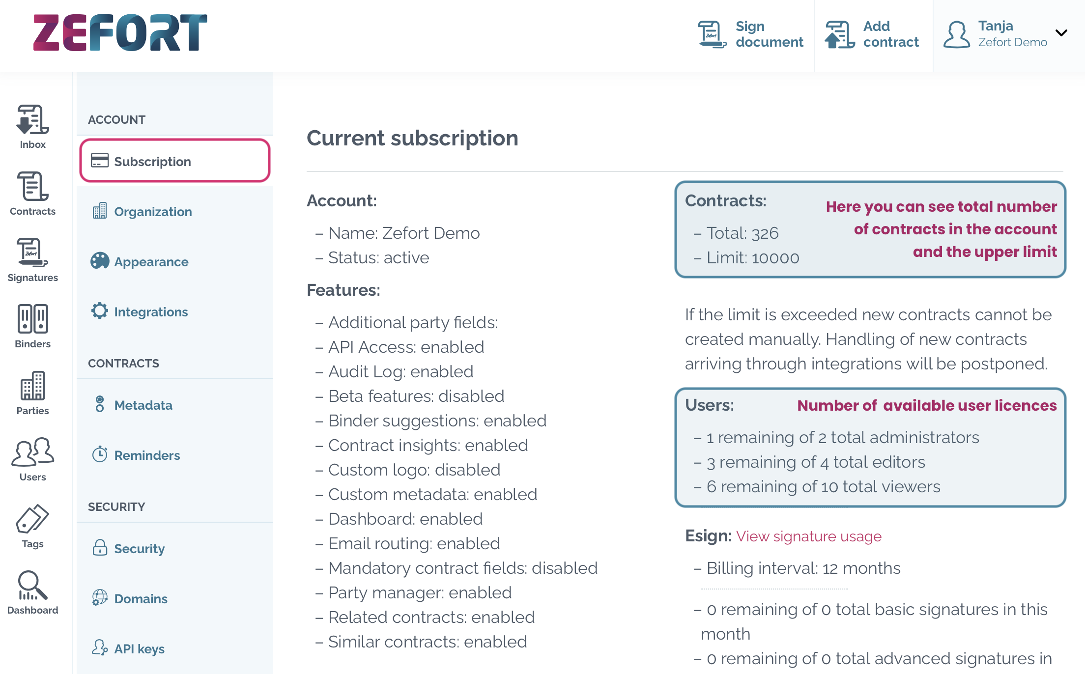 zefort account settings subscription