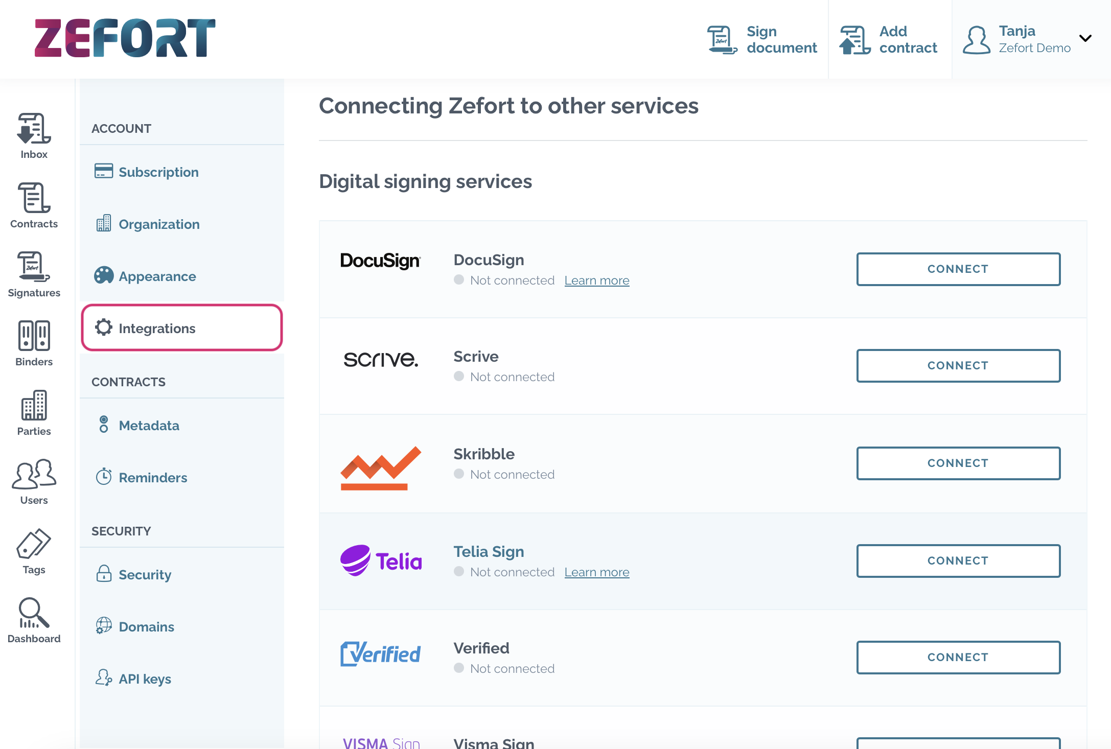 zefort account settings integrations