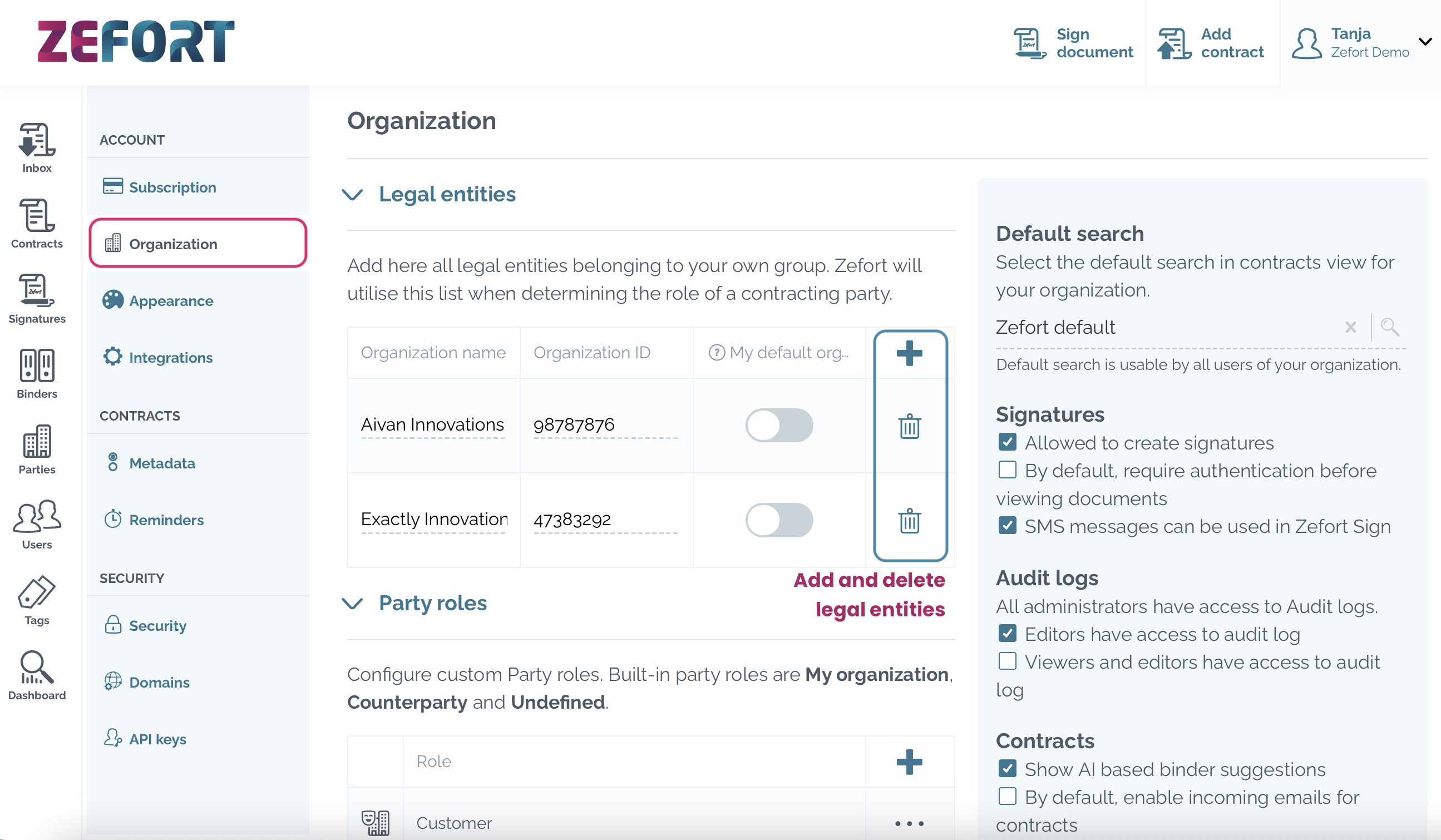 zefort account settings organization