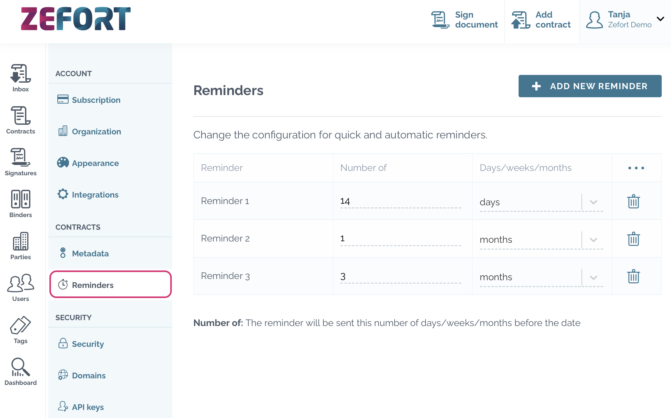 zefort reminder settings