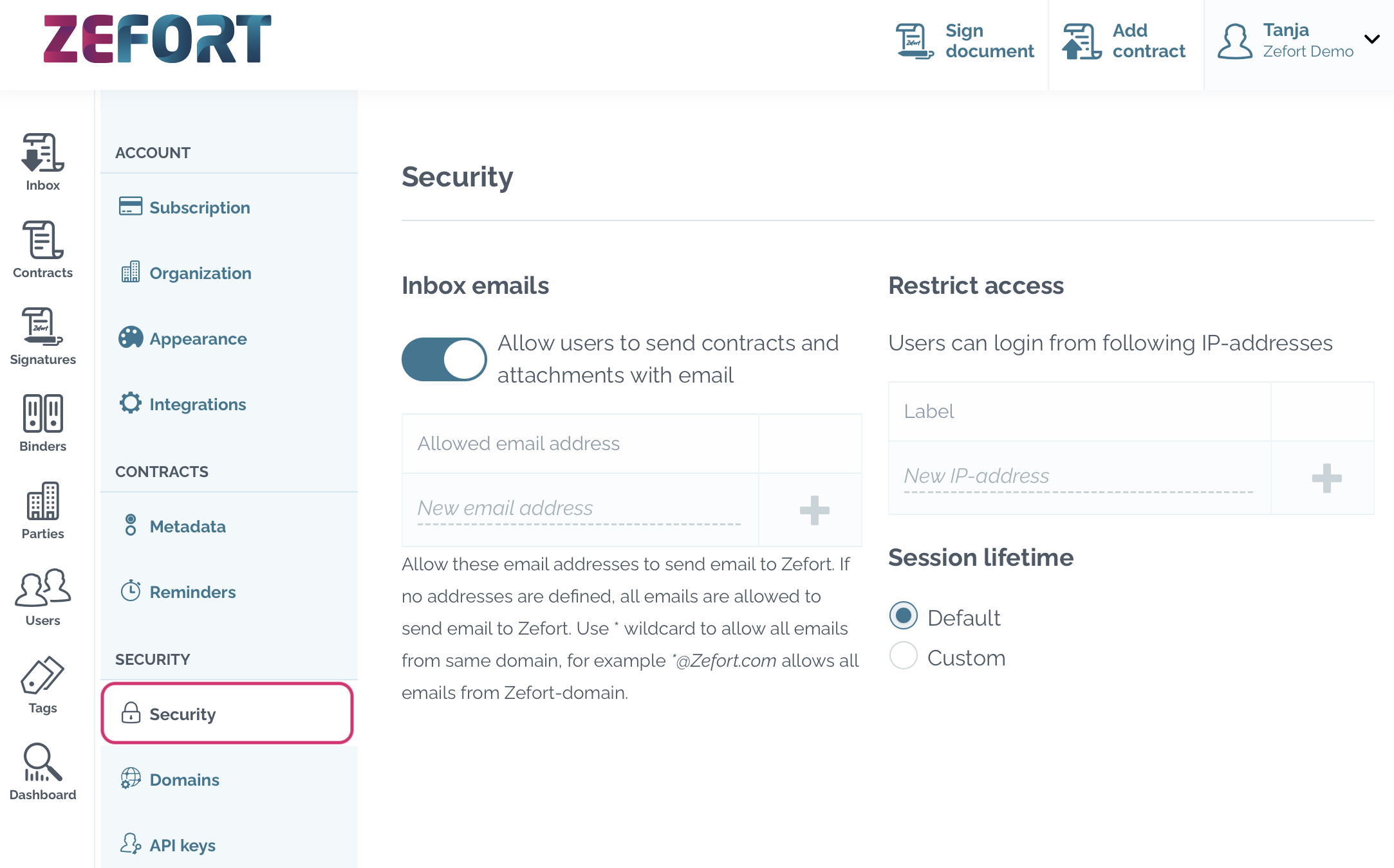 zefort security settings