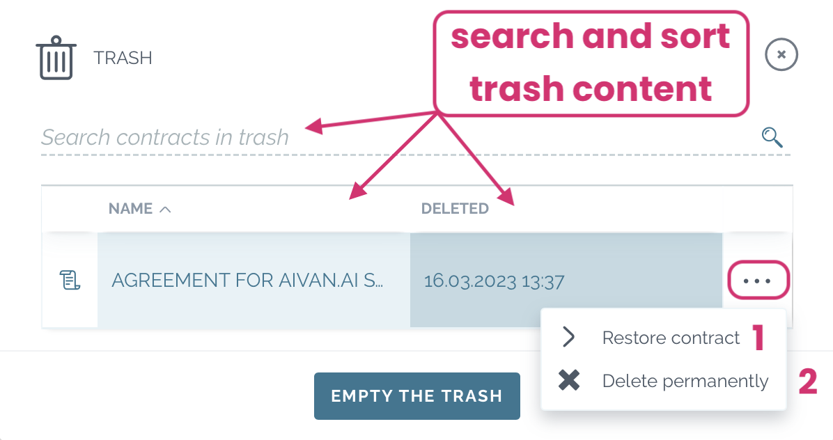 zefort search sort restore delete trash