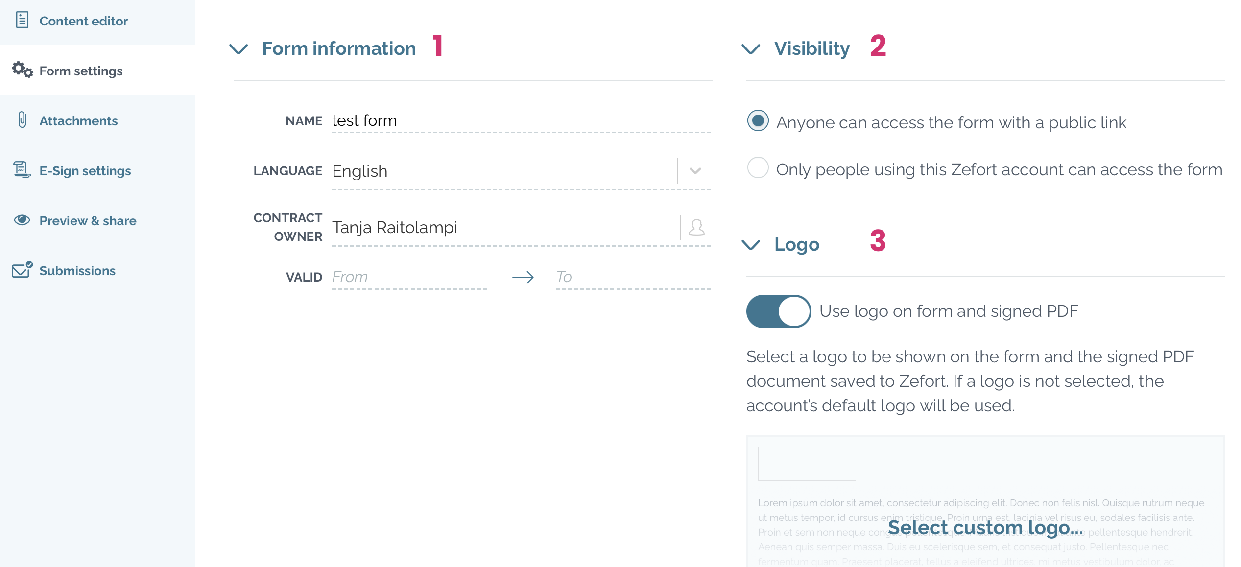 zefort form settings