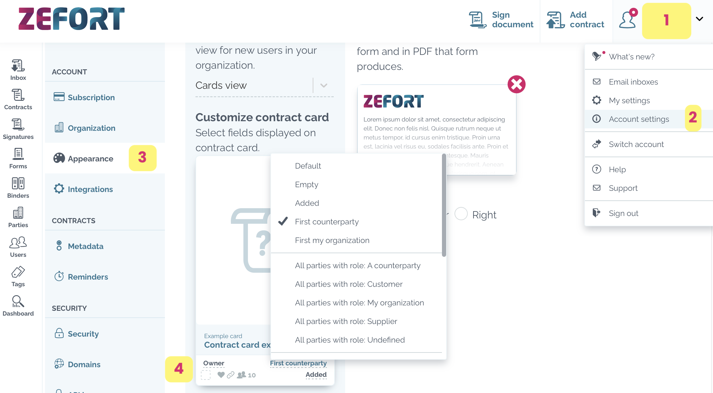 zefort customize contract card appearance