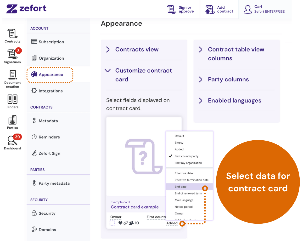 Screenshot showing a dropdown menu of data fields within the "Customize contract card" editor.