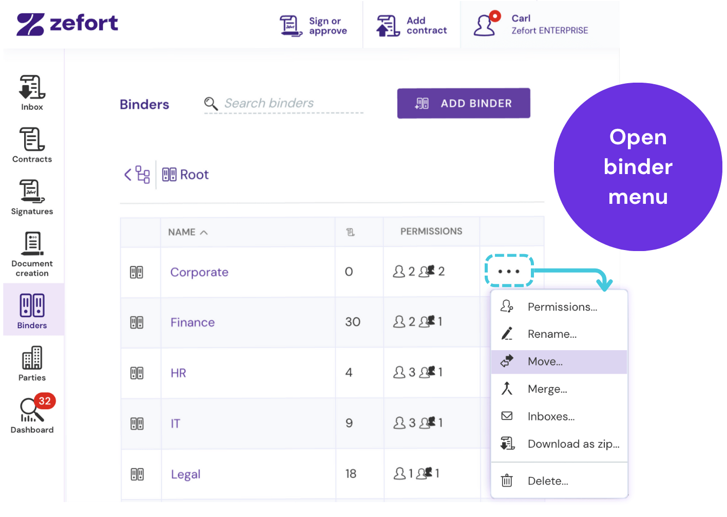 Selecting the three-dot icon next to a binder in Zefort opens a menu with options: Permissions, Rename, Move, Merge, Inboxes, Download as zip, and Delete.