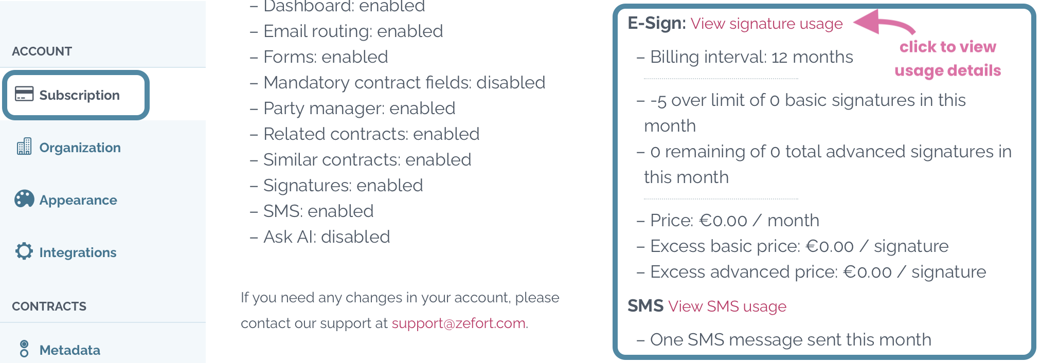 zefort account settings - subscription - esign