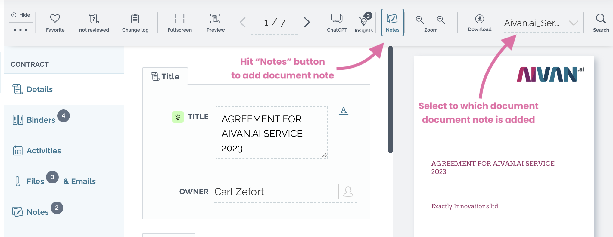 zefort add document note with notes button