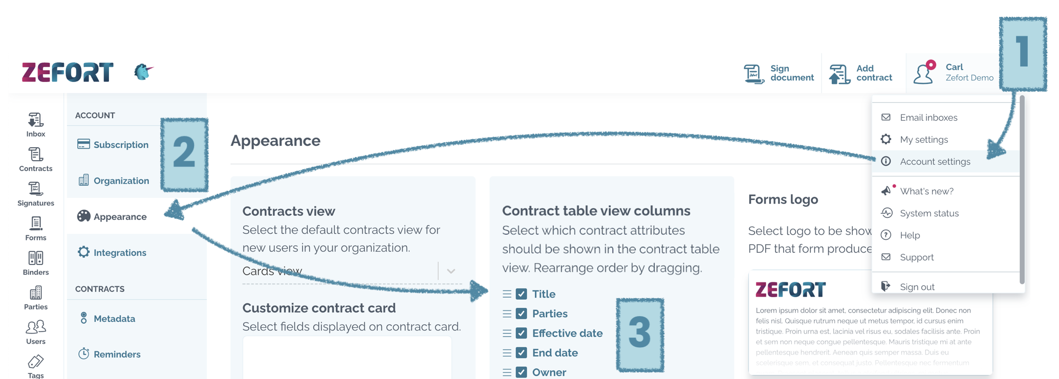 zefort account settings - table view columns