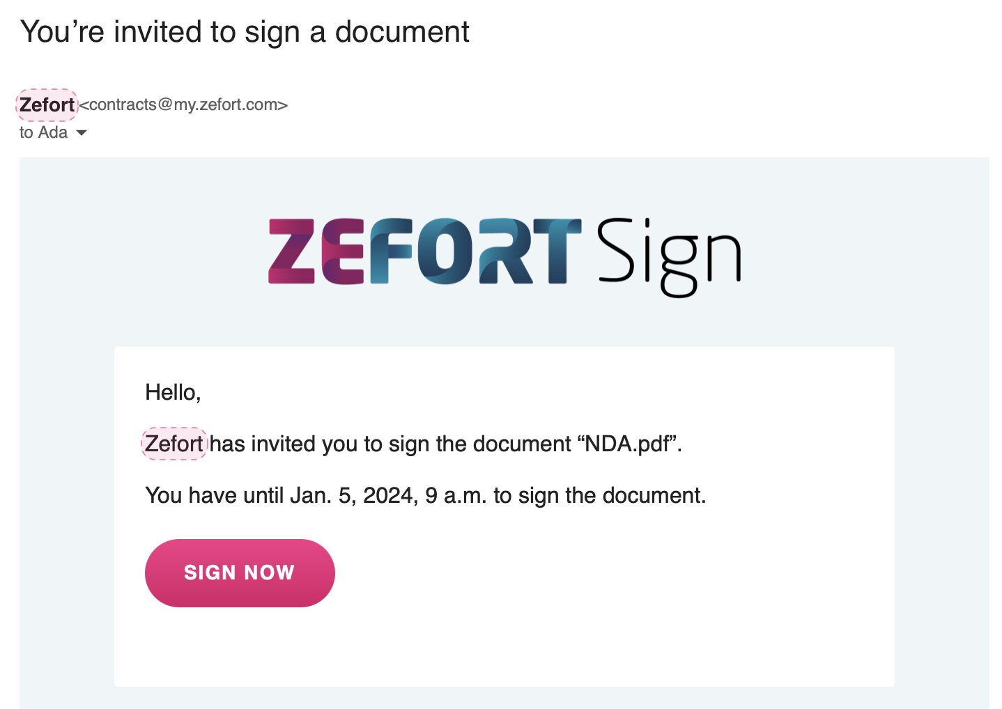 zefort esign request - sender name