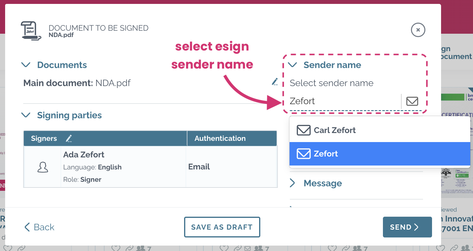 zefort sign - select esign sender name