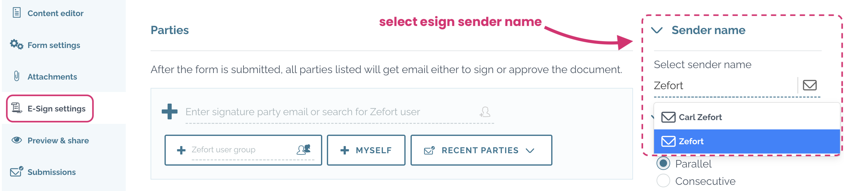 zefort forms - select sender name