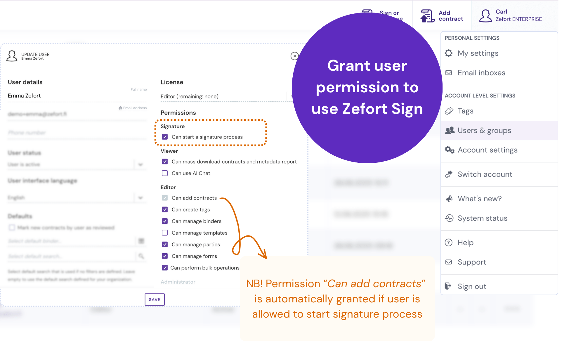 View of a user profile, the permission to use Zefort sign is pointed out