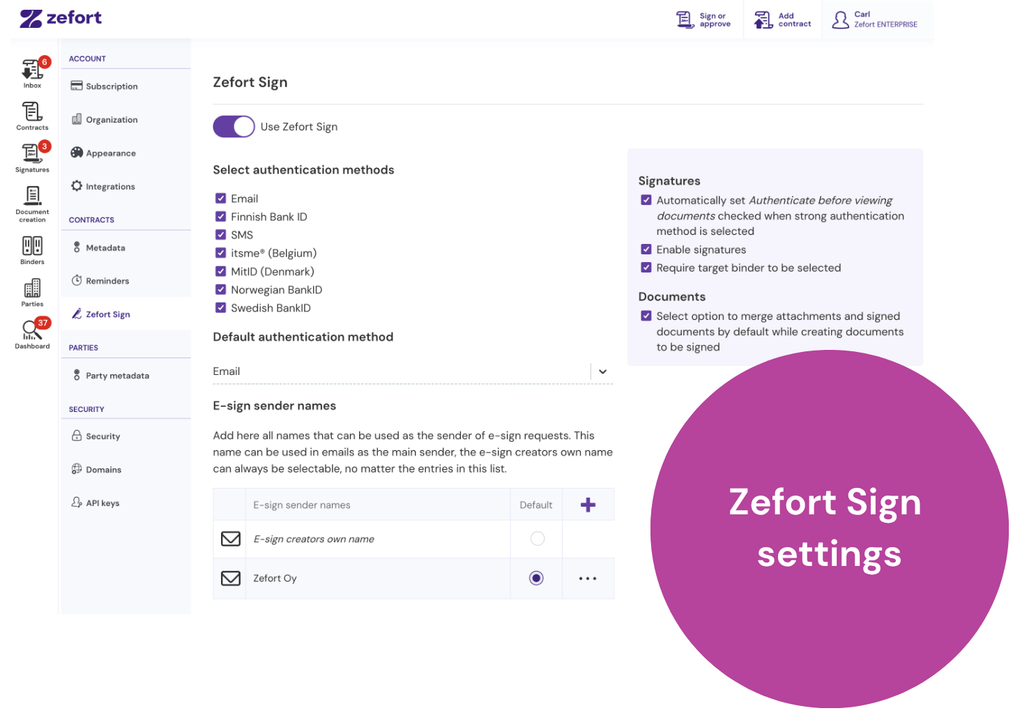 Zefort Sign settings overview