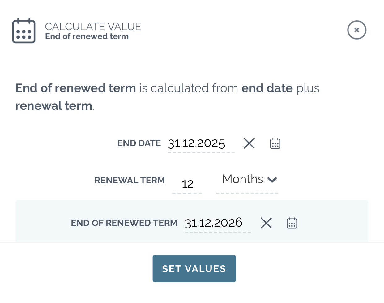 zefort key dates - calculate end of renewed term