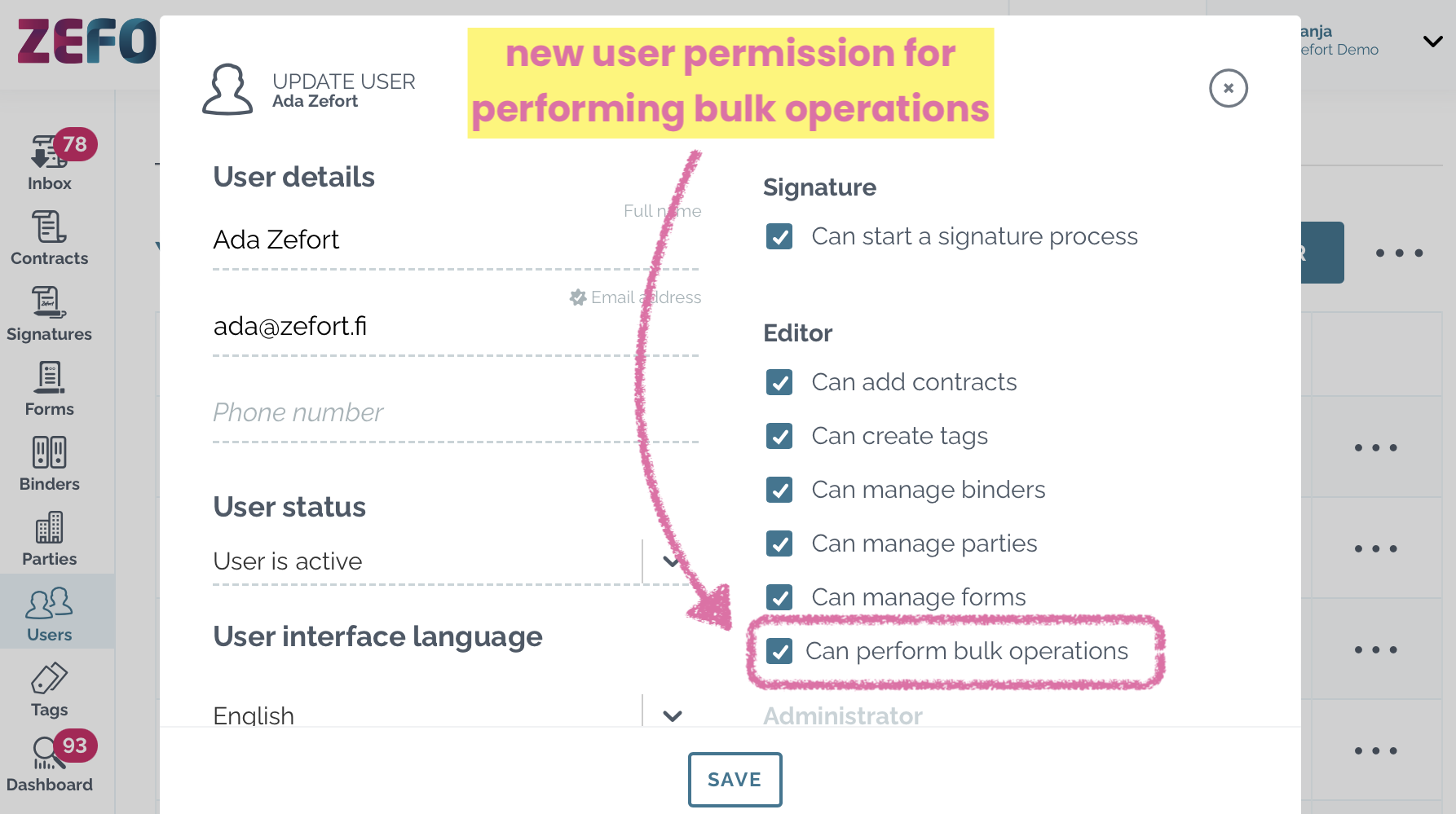 zefort - user permission can perform bulk operations