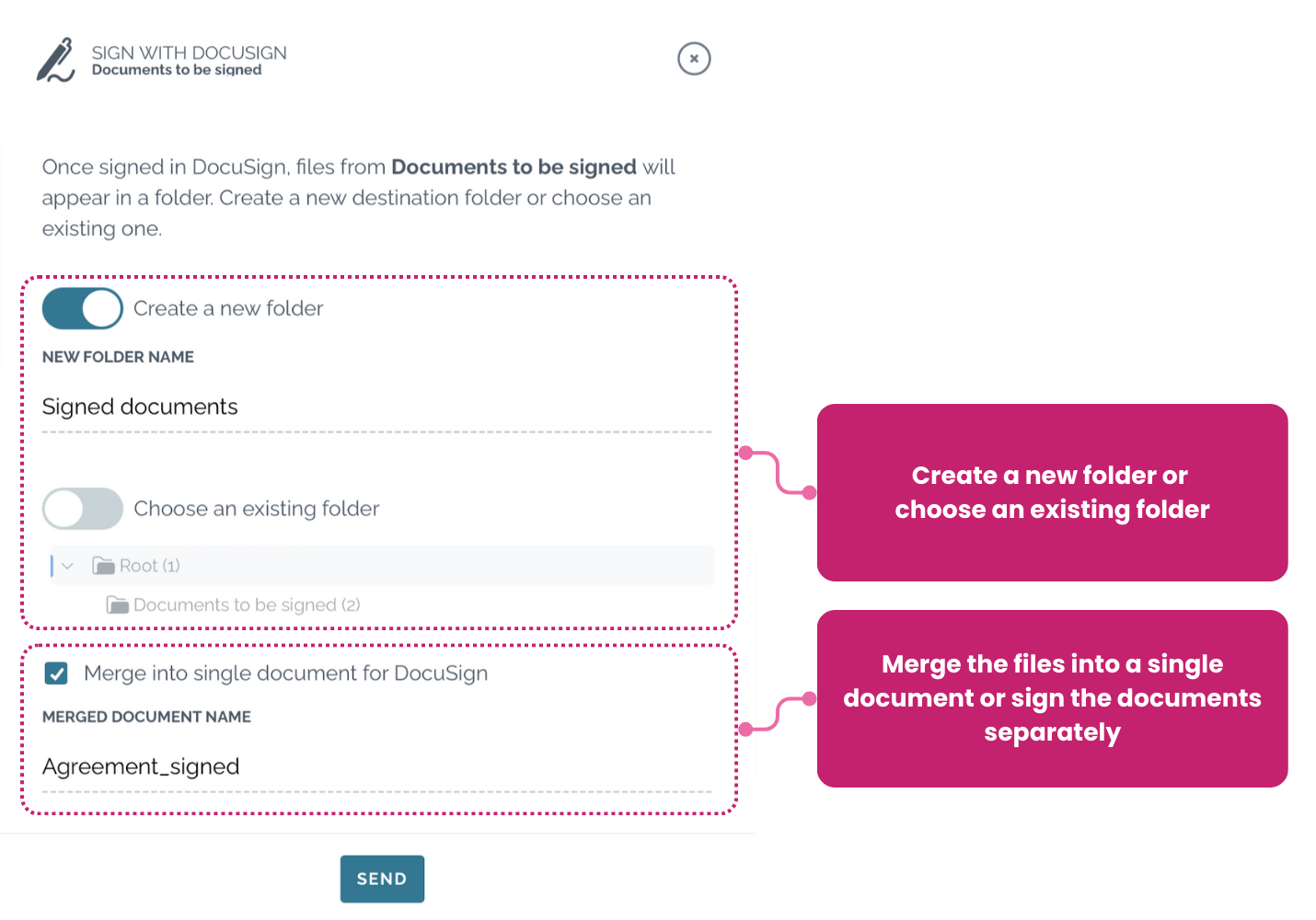 zefort - docusign settings (folder and merging)