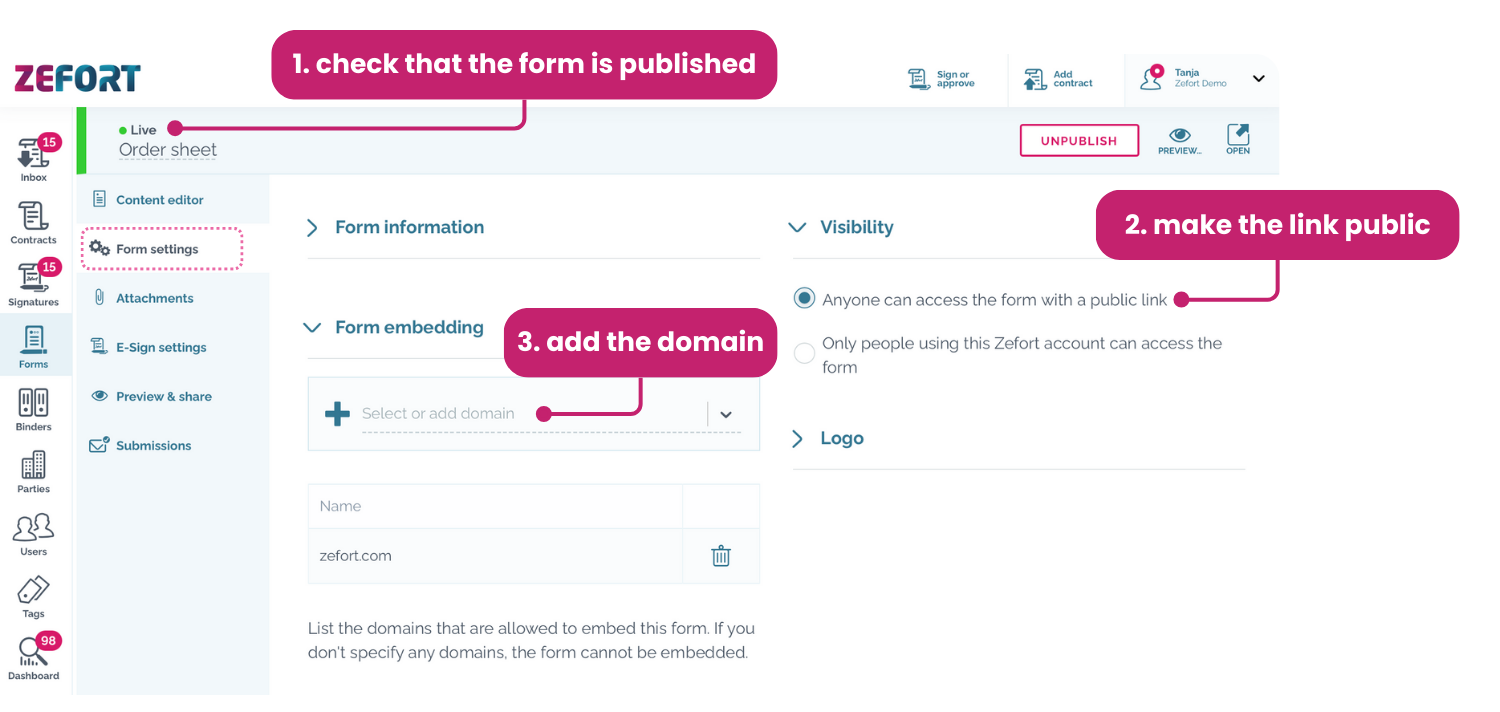 zefort forms embedding - form settings