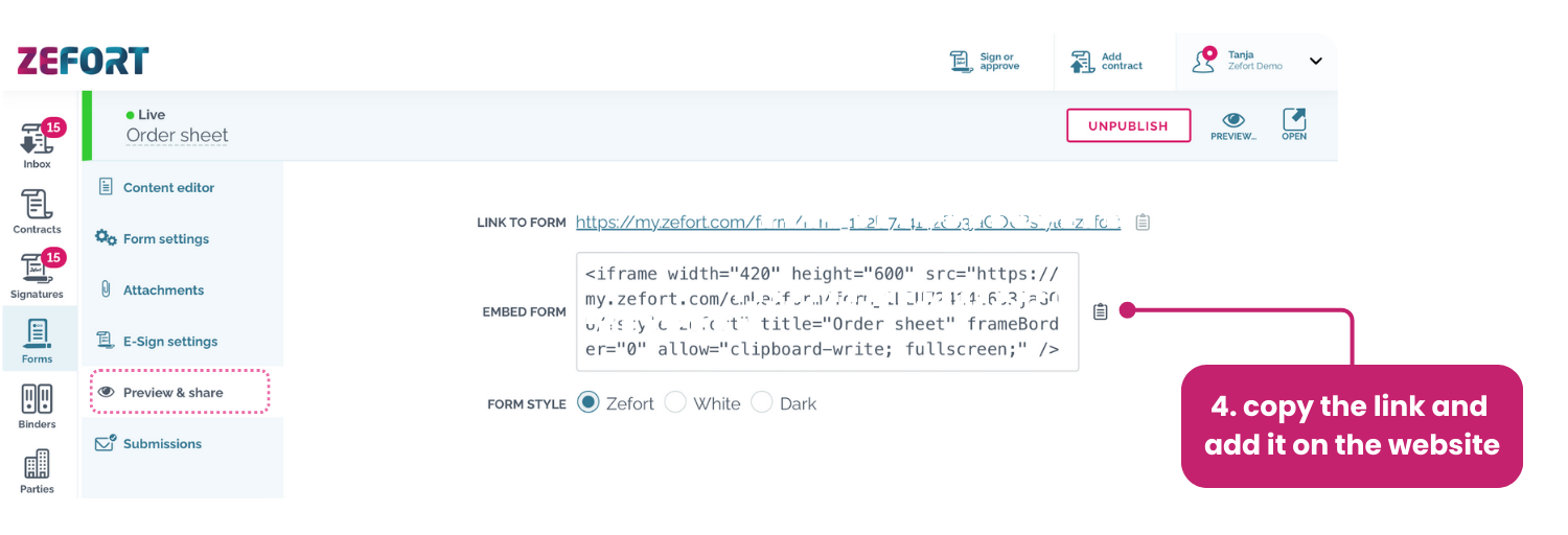 zefort forms embedding - preview and share