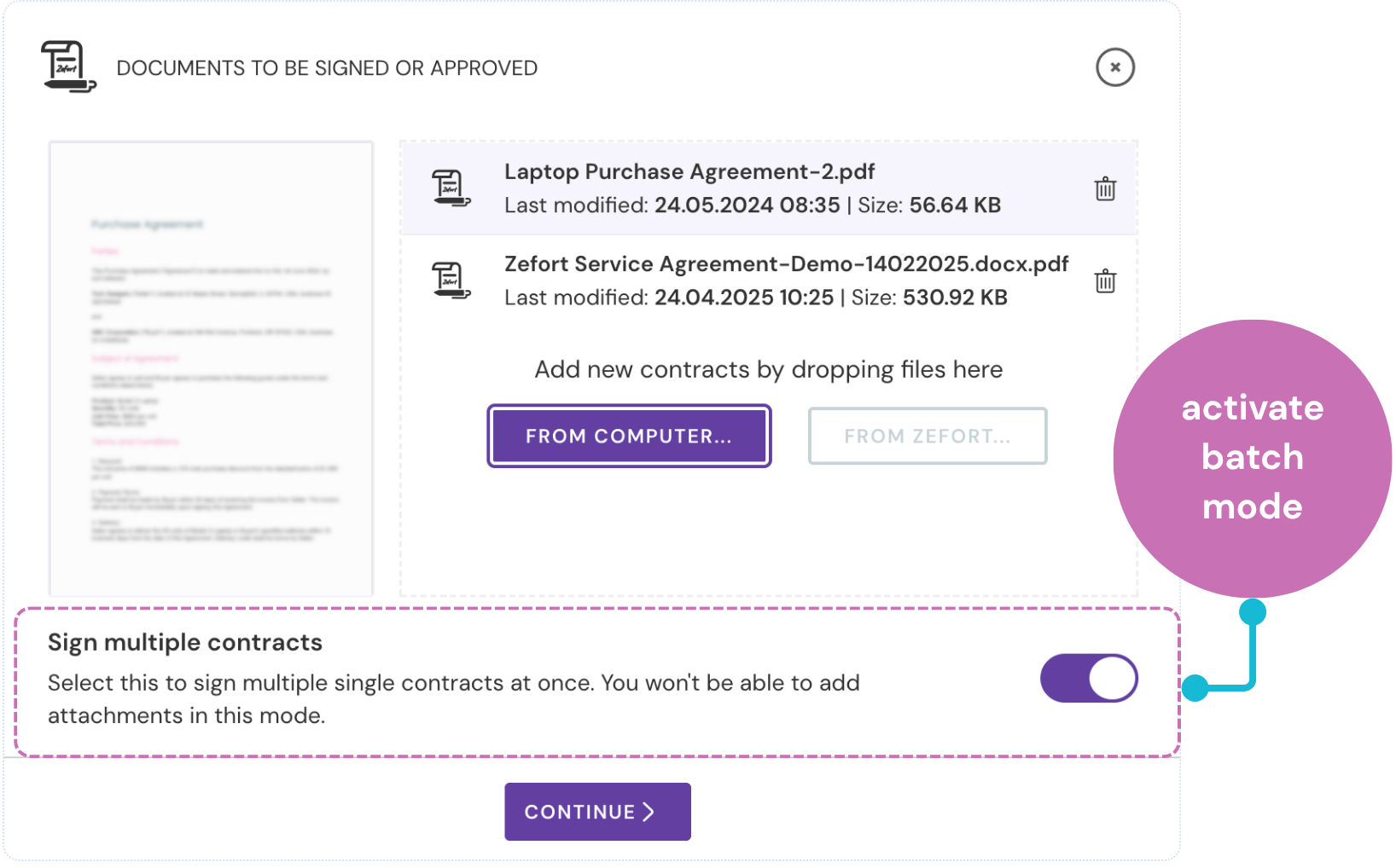 Toggle button for option "sign multiple contracts".