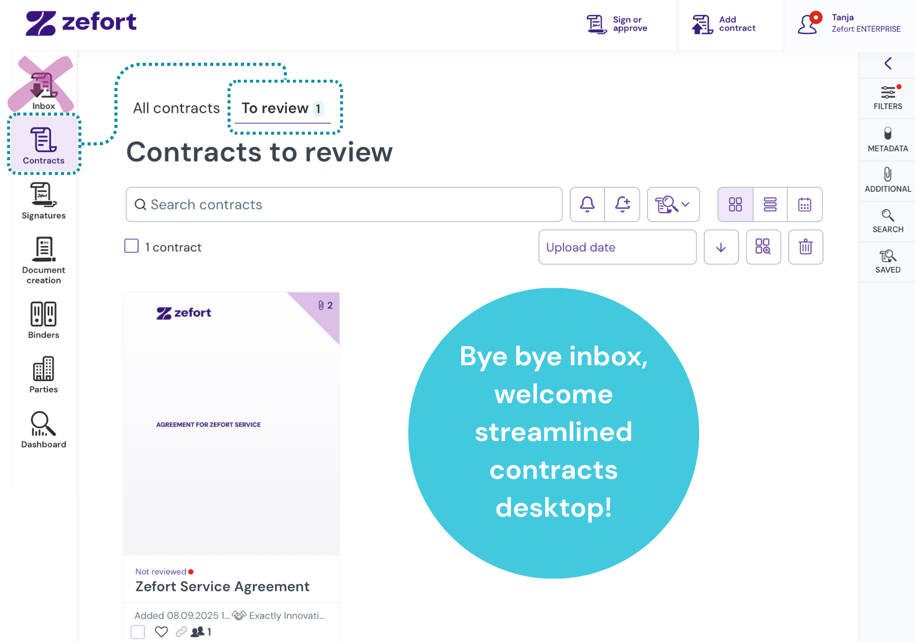 The new Zefort Contracts page, highlighting the "To review" tab that replaces the Inbox.