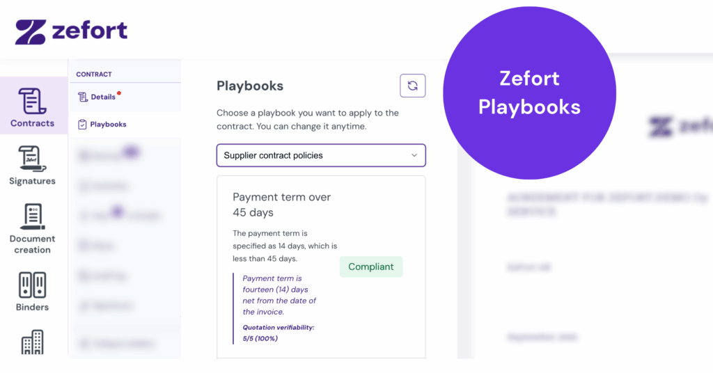 An overview of Zefort Playbooks functionality in the contract's Playbooks tab.