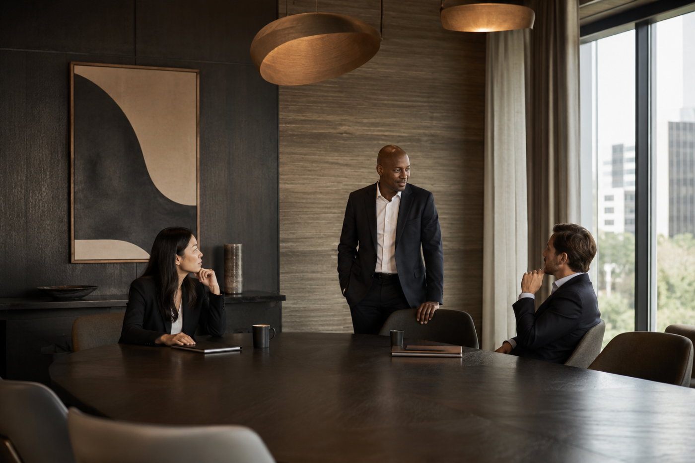 Modern boardroom with cityscape view