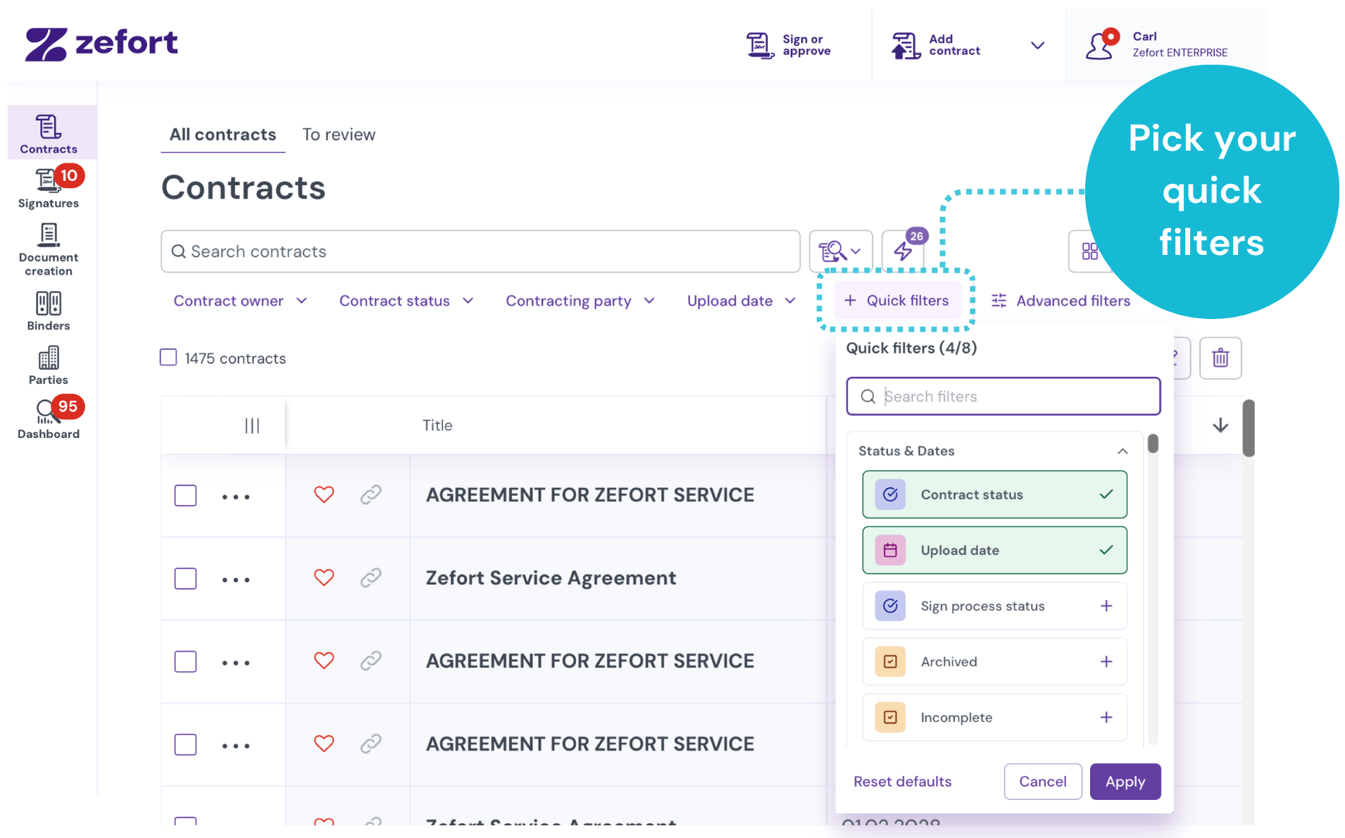 Screenshot of the Zefort interface showing the "Quick filters" menu open, with "Contract status" and "Upload date" selected from a list of metadata attributes.