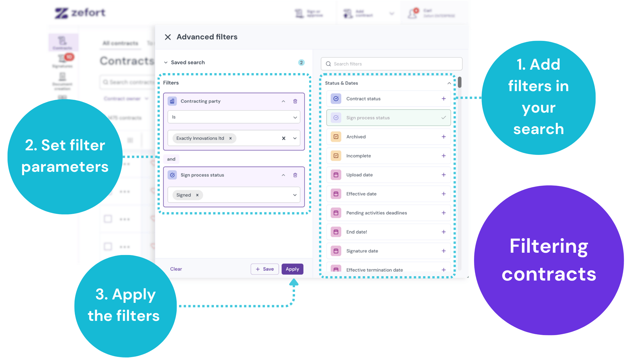 Screenshot of the Zefort Advanced filters panel showing how to add filters from the right-side list, setting specific parameters for the filters on the left, and use the "Apply" button.