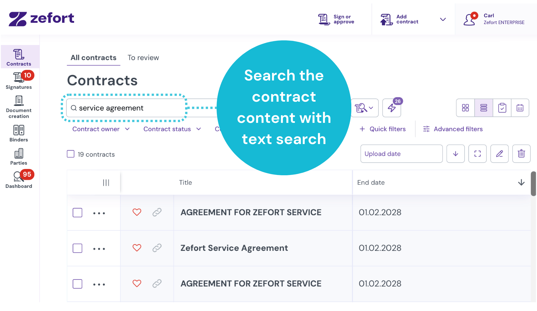 Screenshot of the Zefort "Contracts" list with the phrase "service agreement" typed into the free text search bar, filtering the list to show matching contracts.
