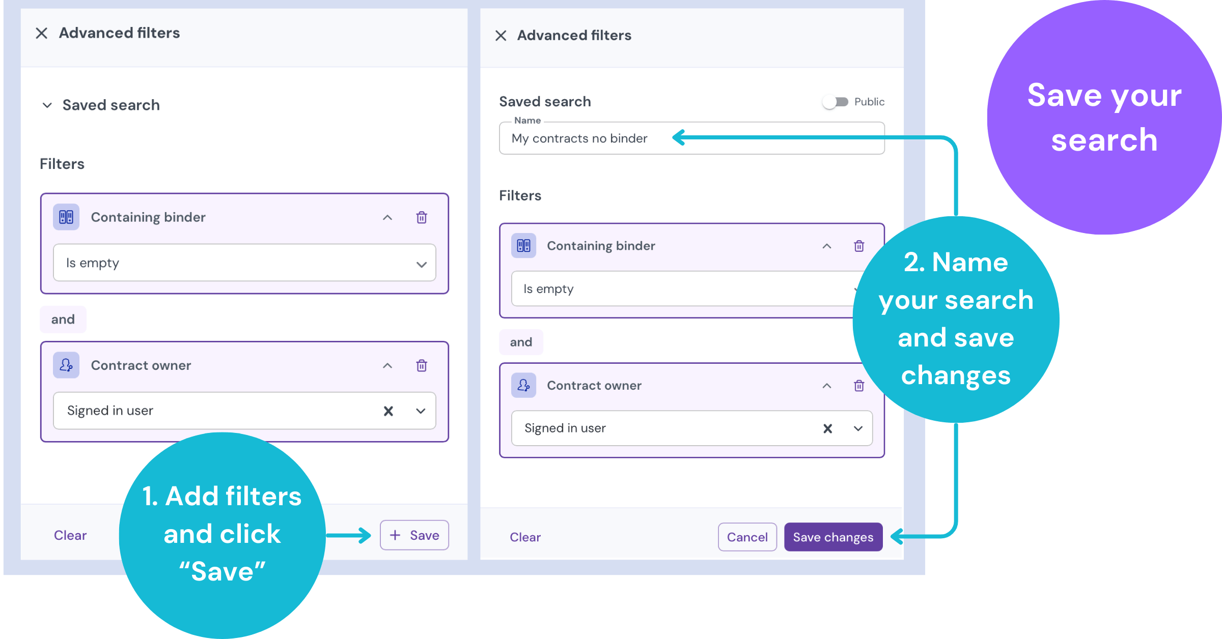 Two-step screenshot of the Zefort Advanced filters panel showing how to click the "Save" button, enter a name for the search, and click "Save changes" to store the selected filter criteria.