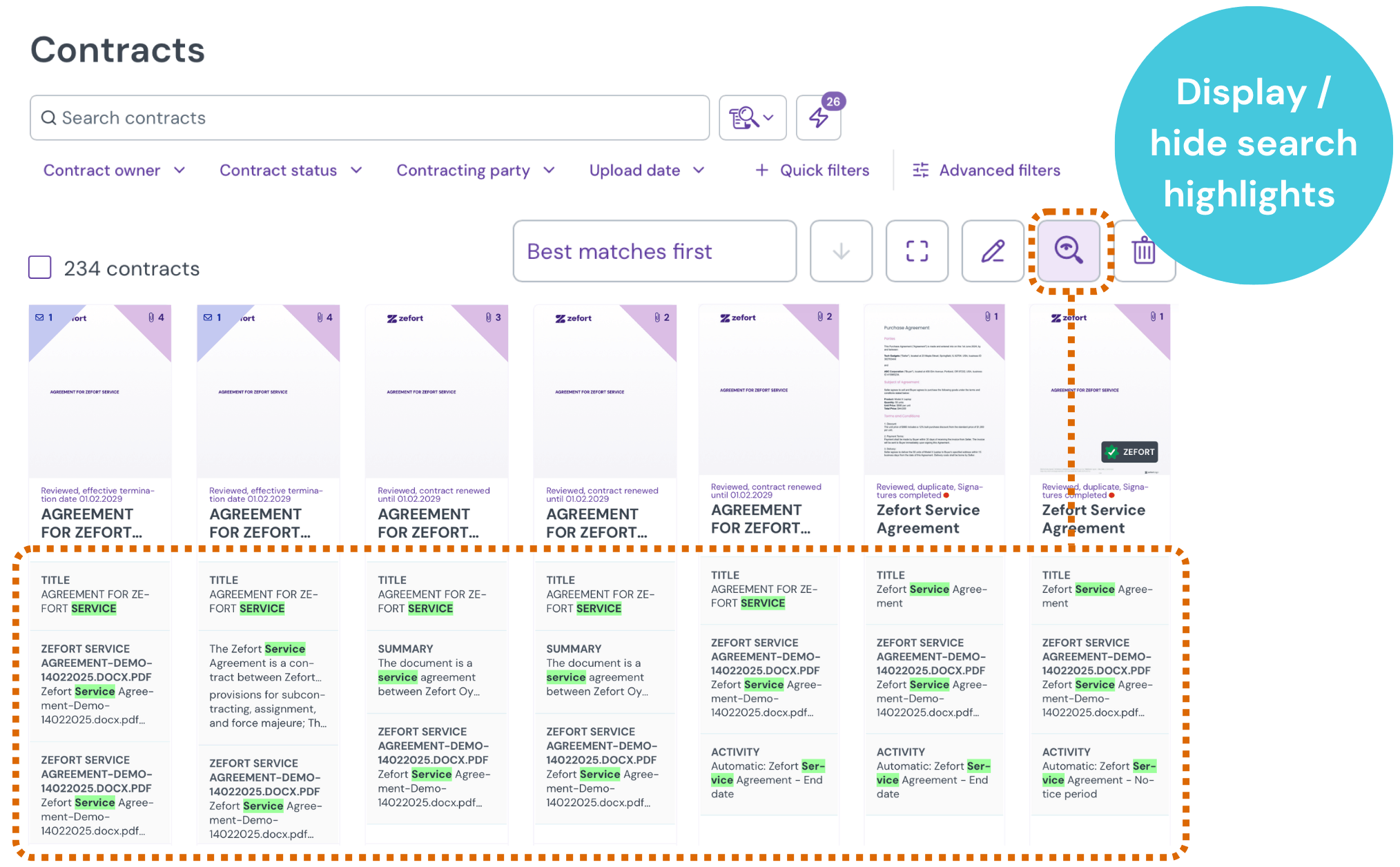 Screenshot of contract search results in Zefort, highlighting the magnifier icon used to display search snippets where the term "Service" is highlighted in green within contract titles, metadata, and activities etc.